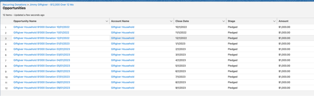 Screenshot of the 12 Opportunities created with a Close Date and Amount