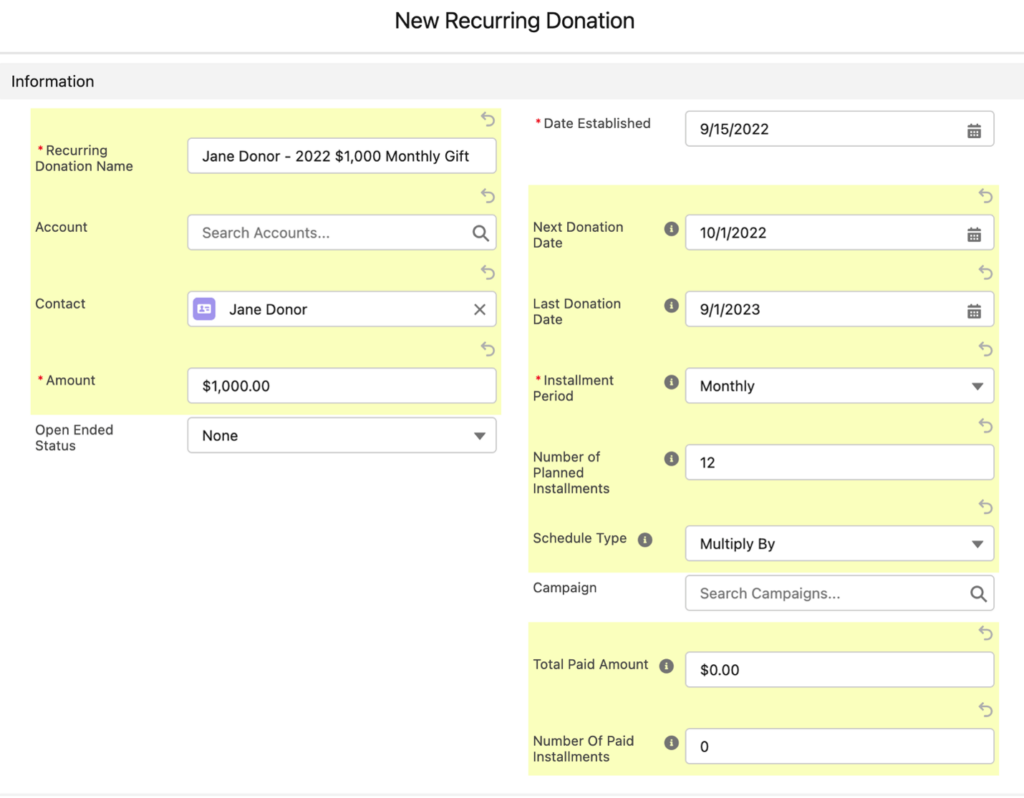 Screenshot showing logging information for a recurring donation