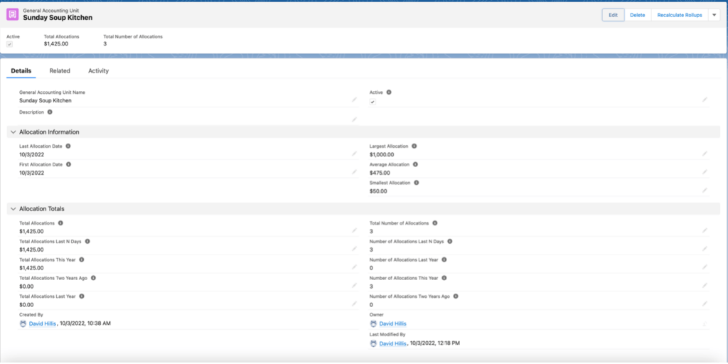 Screenshot showing the Recalculate Rollups button in upper right of the GAU Detail
