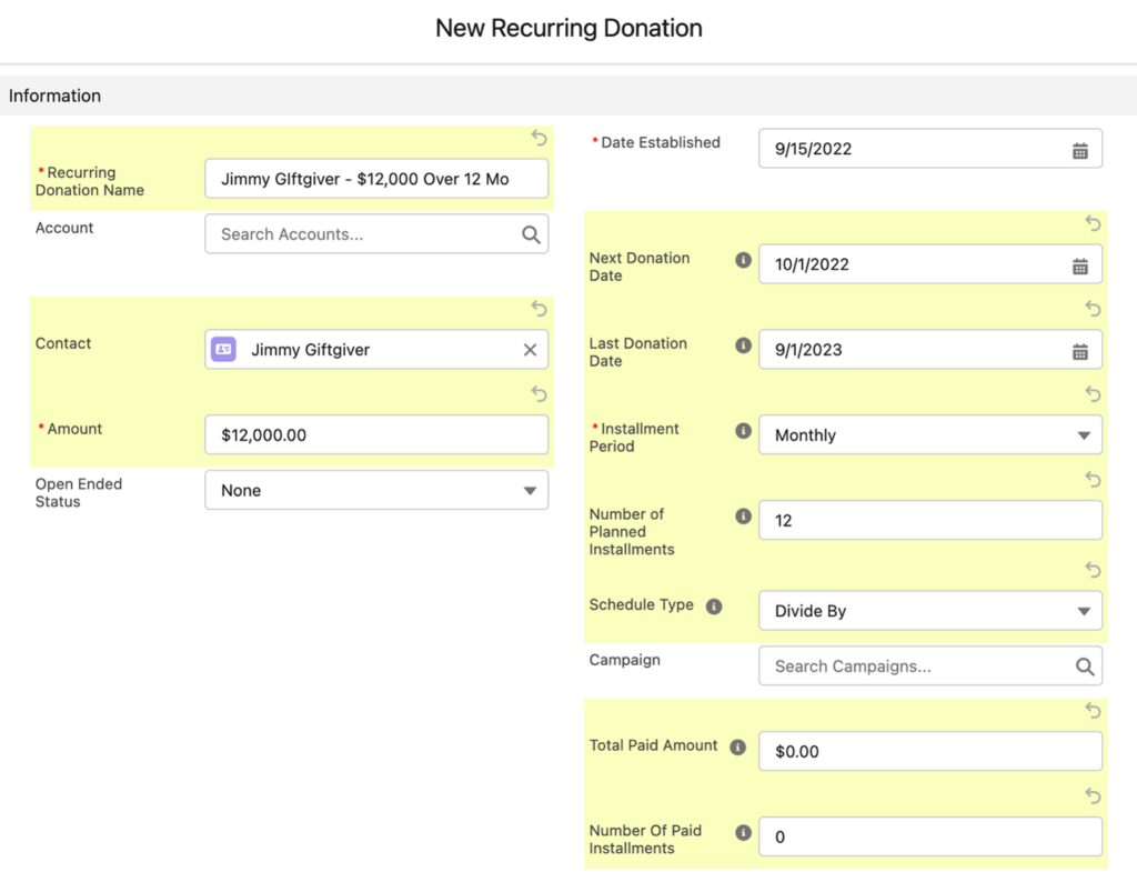Screenshot of showing inputting the total donation amount and setting Schedule Type to 
