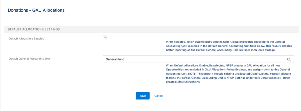 Screenshot of the NPSP Settings tab with 