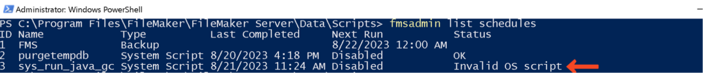 Picture of the list of schedules in the fmsadmin command tool
