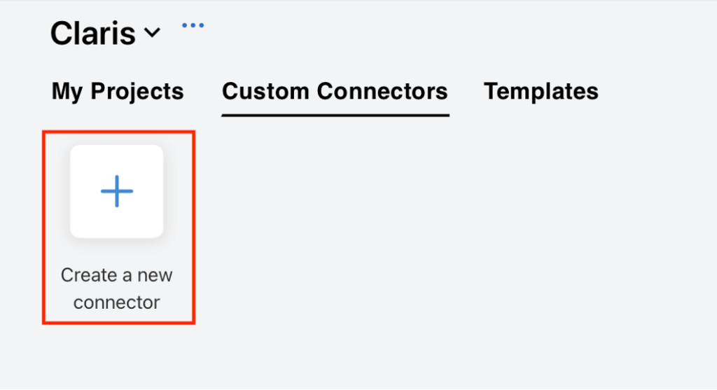 'Create a new conector' button in Claris Conect