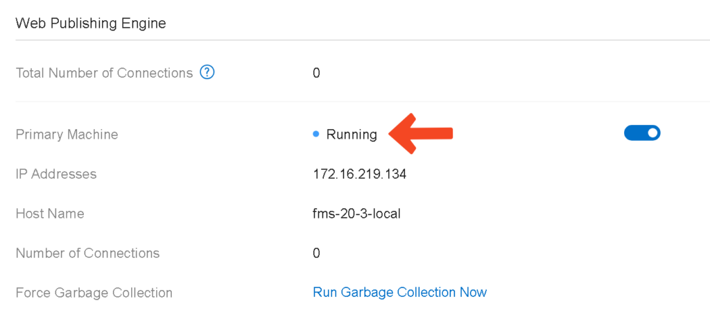 Web Publishing Engine showing status as Running