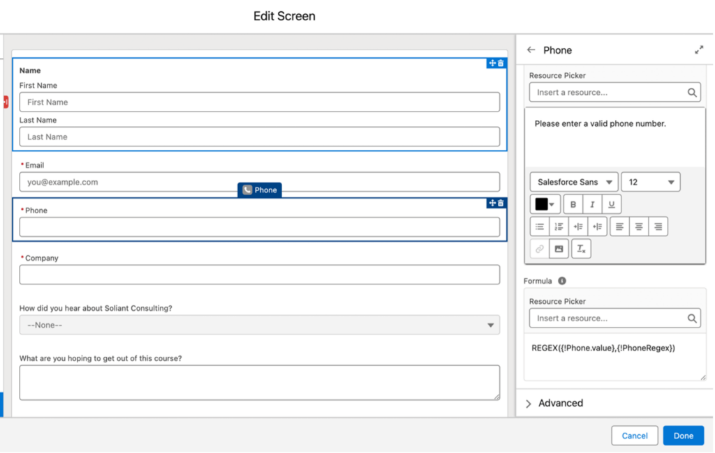 Screenshot of the screen configuration of a simple Flow.
