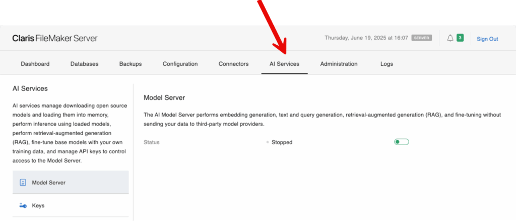 Admin console with the new AI Services tab active