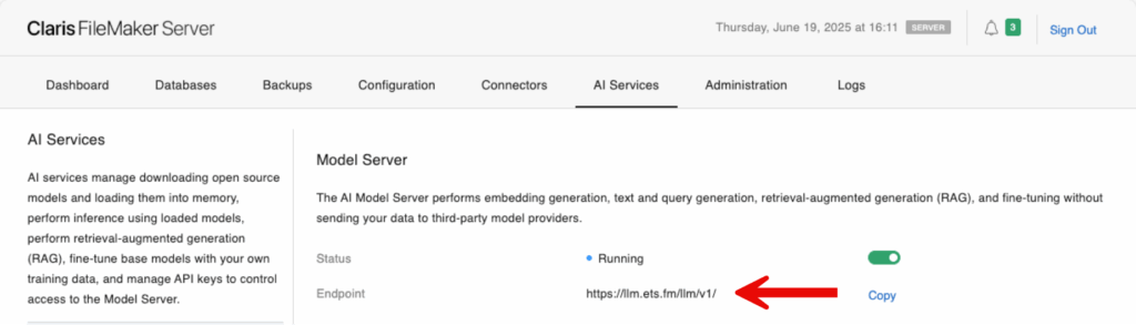 AI Services tab in the Admin Console showing the HTTPS Endpoint