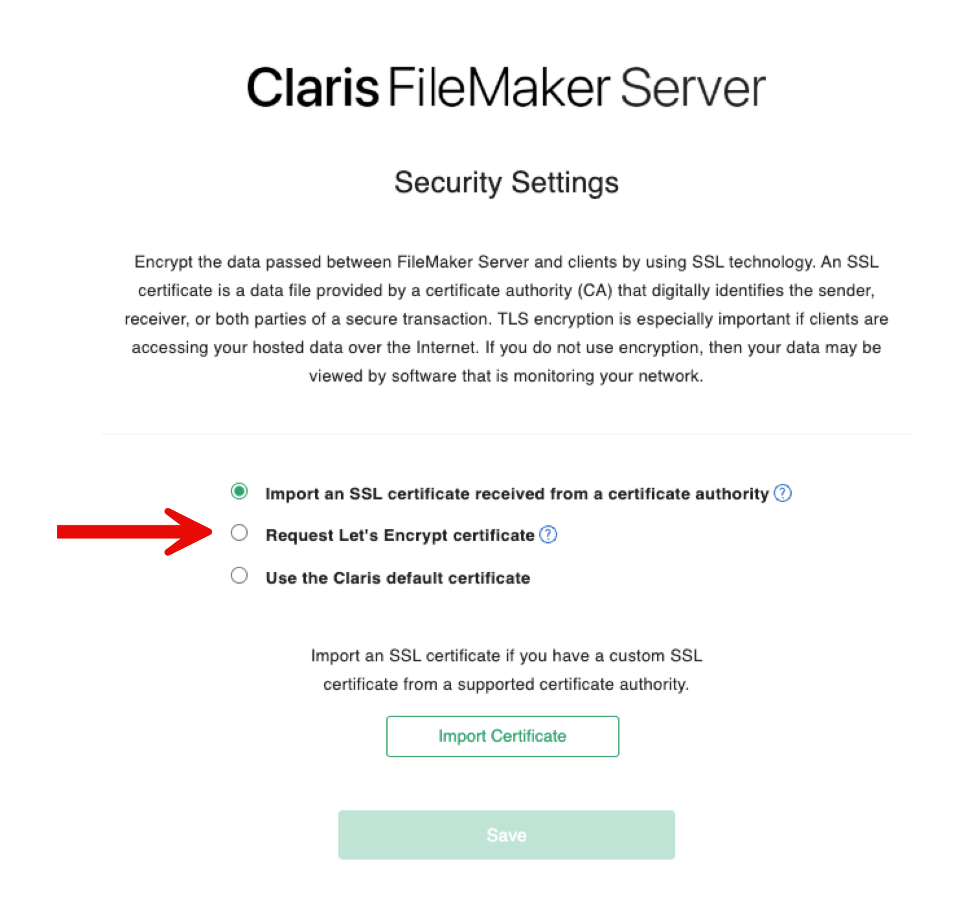 Claris FileMaker Server security settings highlighting the 'Request Let's Encrypt certificate' option