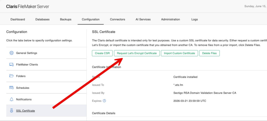 Initiating the 'Request Let's Encrypt Certificate' process in the Configuration tab in the Admin Console