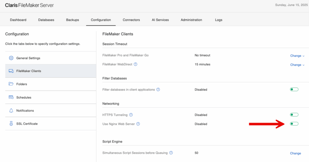 Configuration tab in the Admin Console where the 'Use Nginx Web Server' option has been added