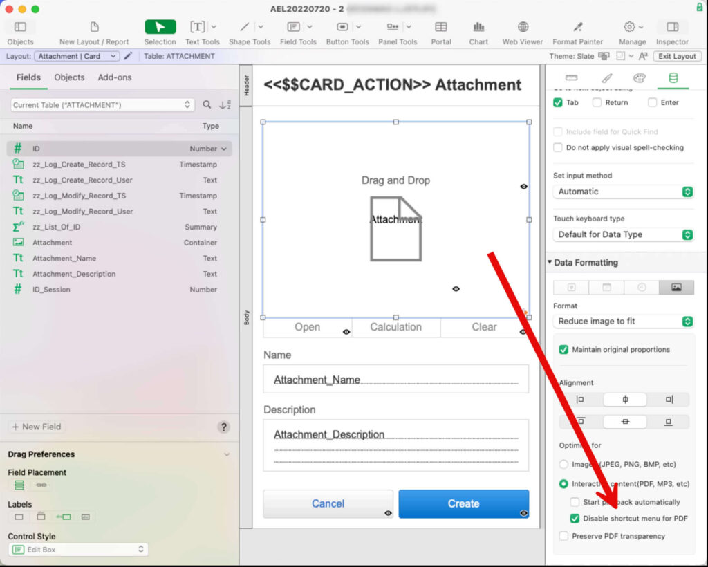 Using the 'Disable shortcut menu for PDF' option for a container field