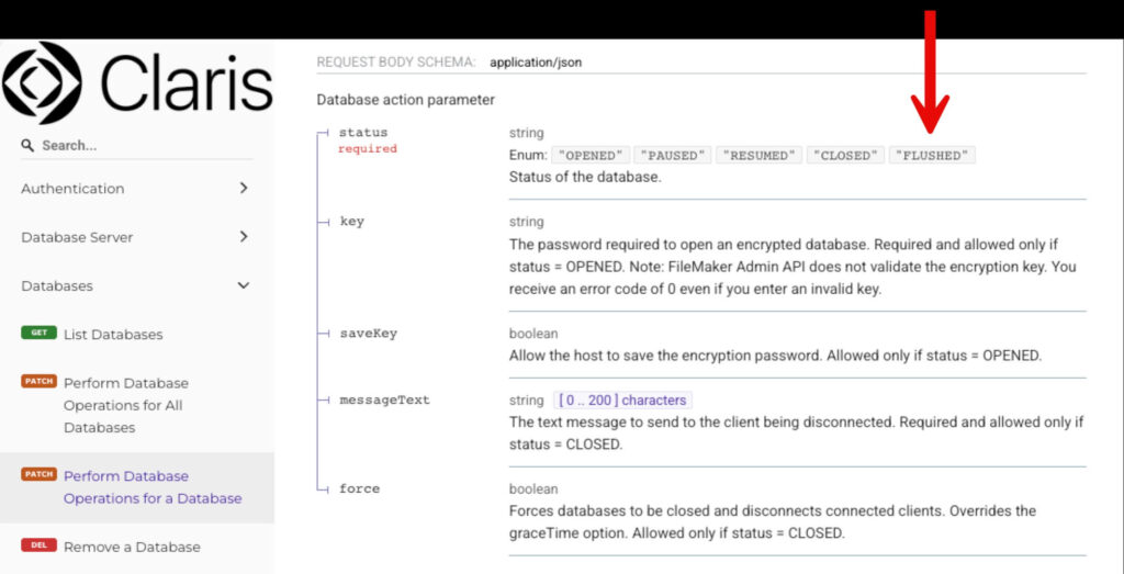 Database action parameter showing the cache has been flushed