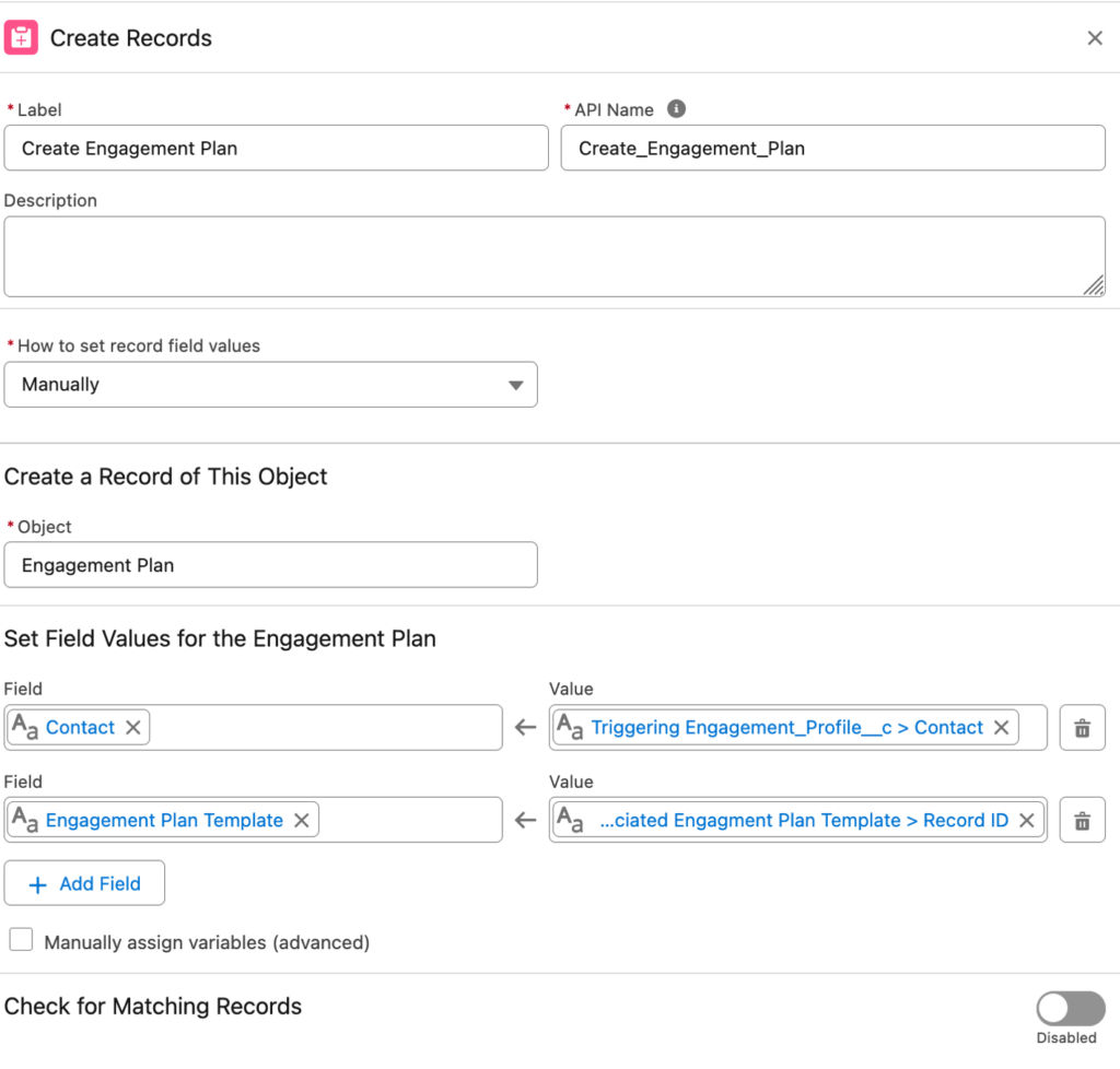 Adding a create element to make a new Engagement Plan Record