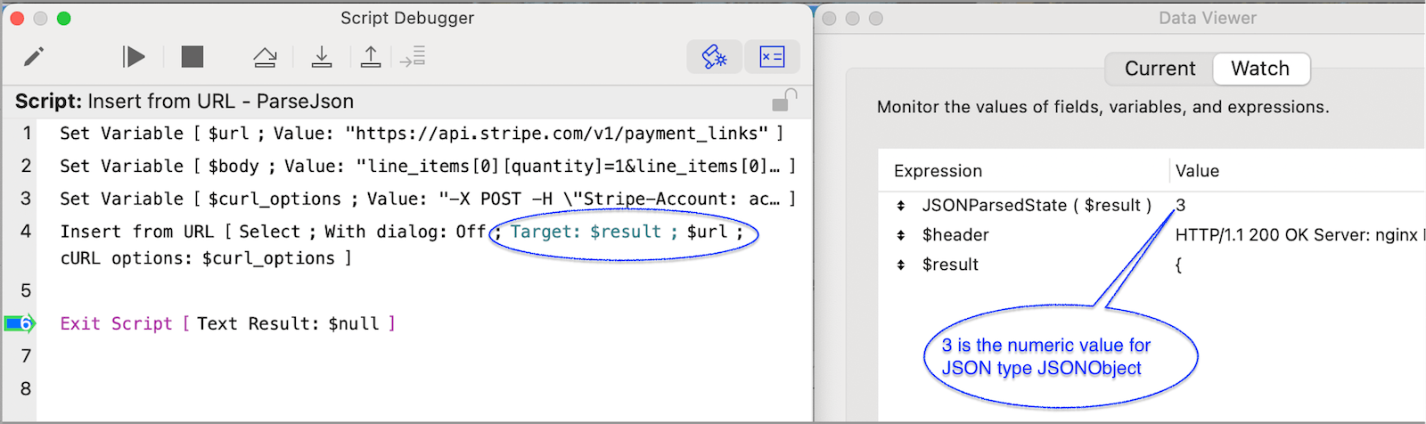 Example of applying JSONParsedState (json) to the Insert from URL target variable