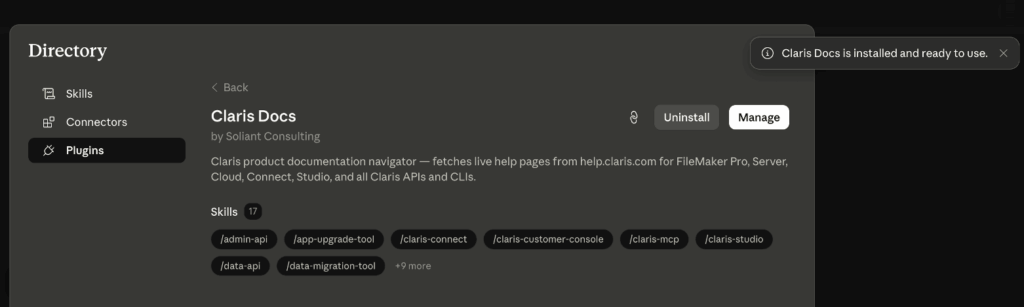 Claris Docs plugin installed